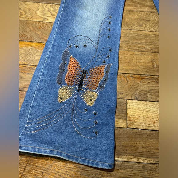 "Y2K Butterfly Embroidered + Jeweled Denim Bootcut Jeans - Etoile Size 12 Women' - Picture 3 of 9